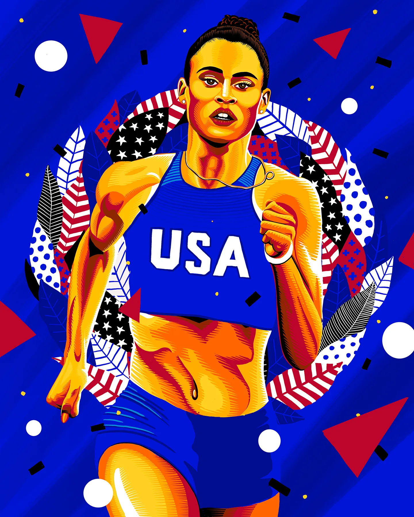 Illustration of a female athlete in a blue uniform running against a blue background with geometric and leaf-like decorations.