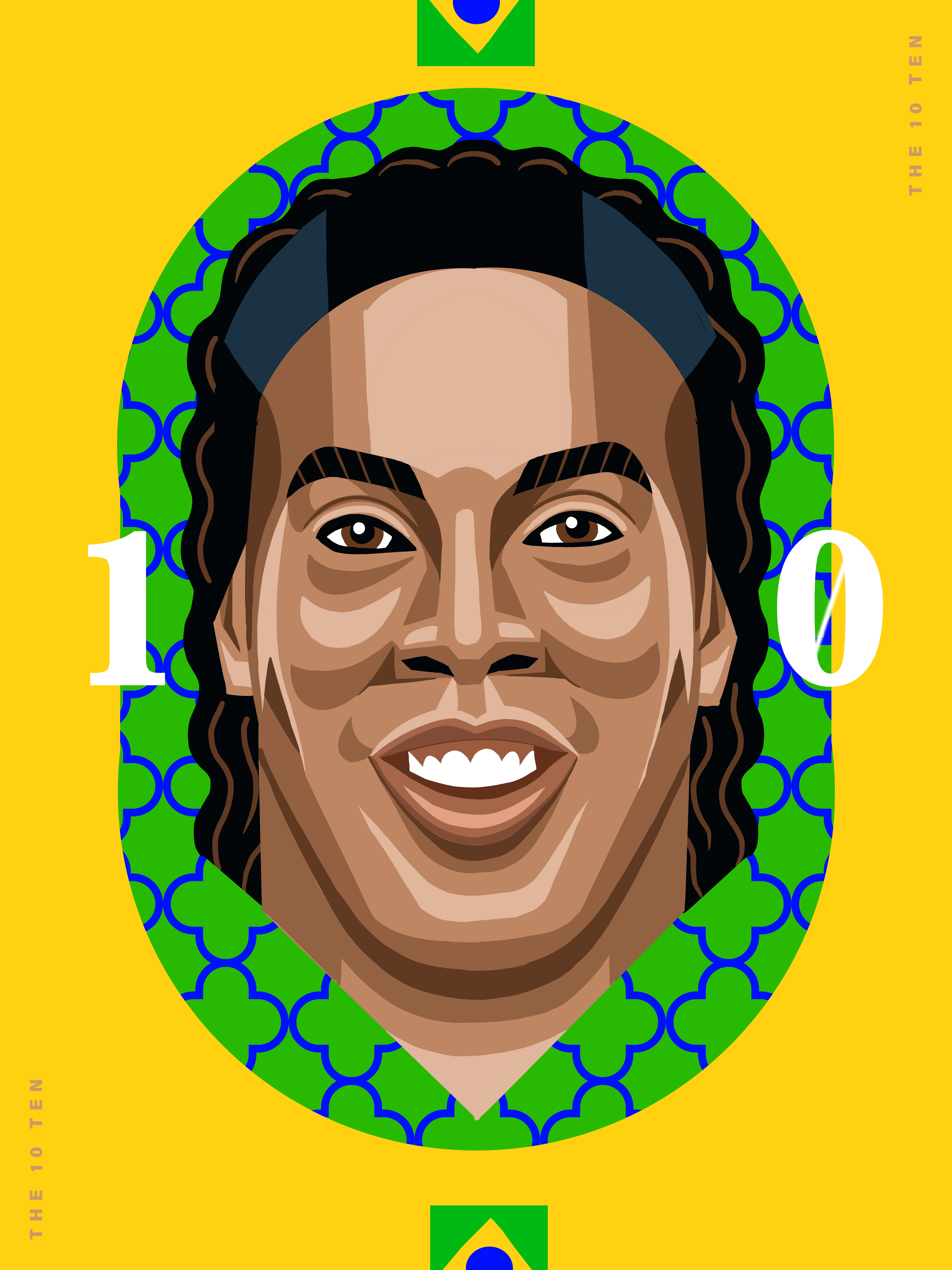 Illustration of Ronaldinho in bright yellow with green-blue patterned oval and Brazilian flag accents, celebrating soccer legend and Brazilian heritage.