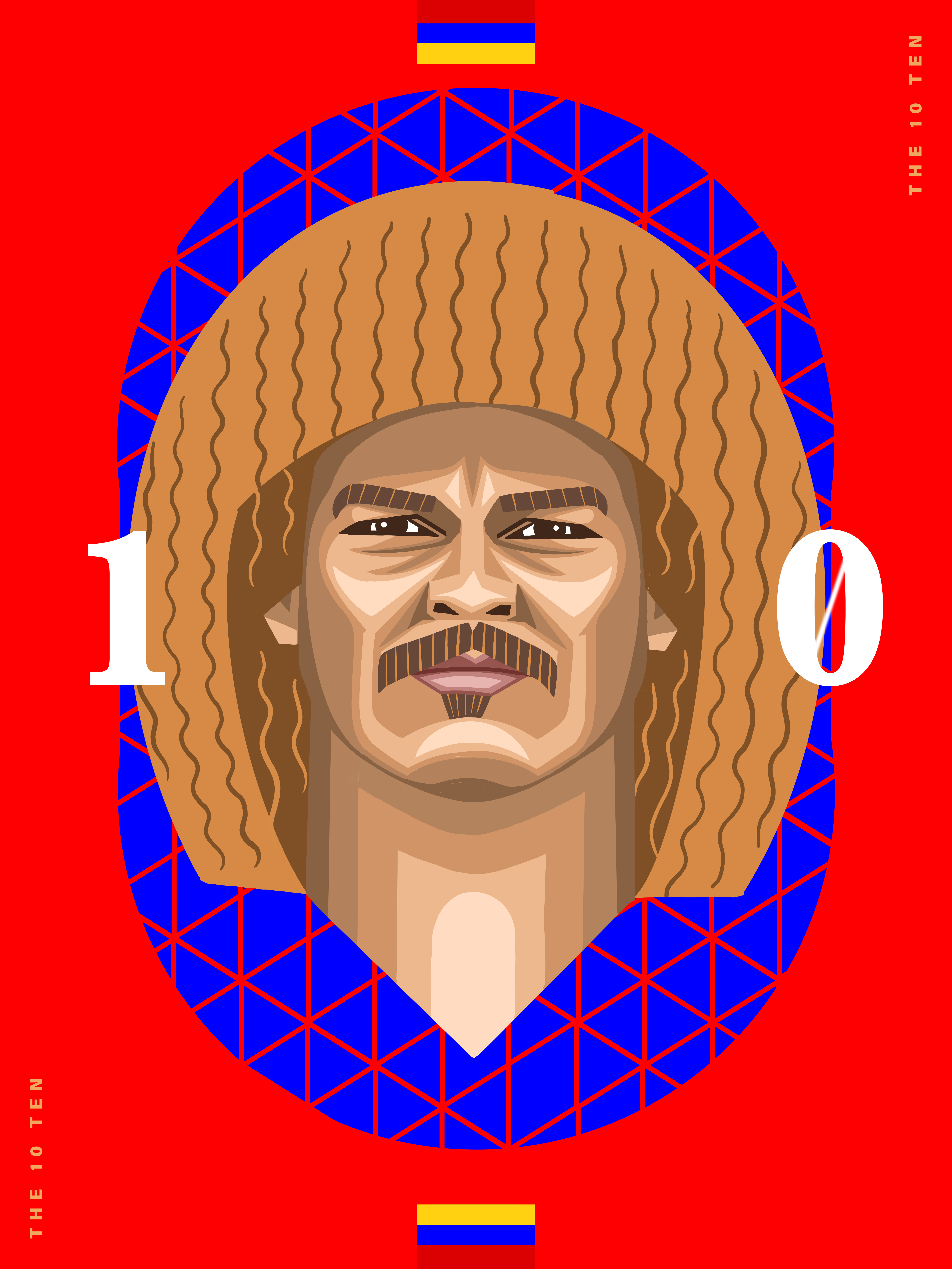 Illustration of Colombian soccer player Carlos Valderrama in a geometric, vector art style with national flag colors and typography.