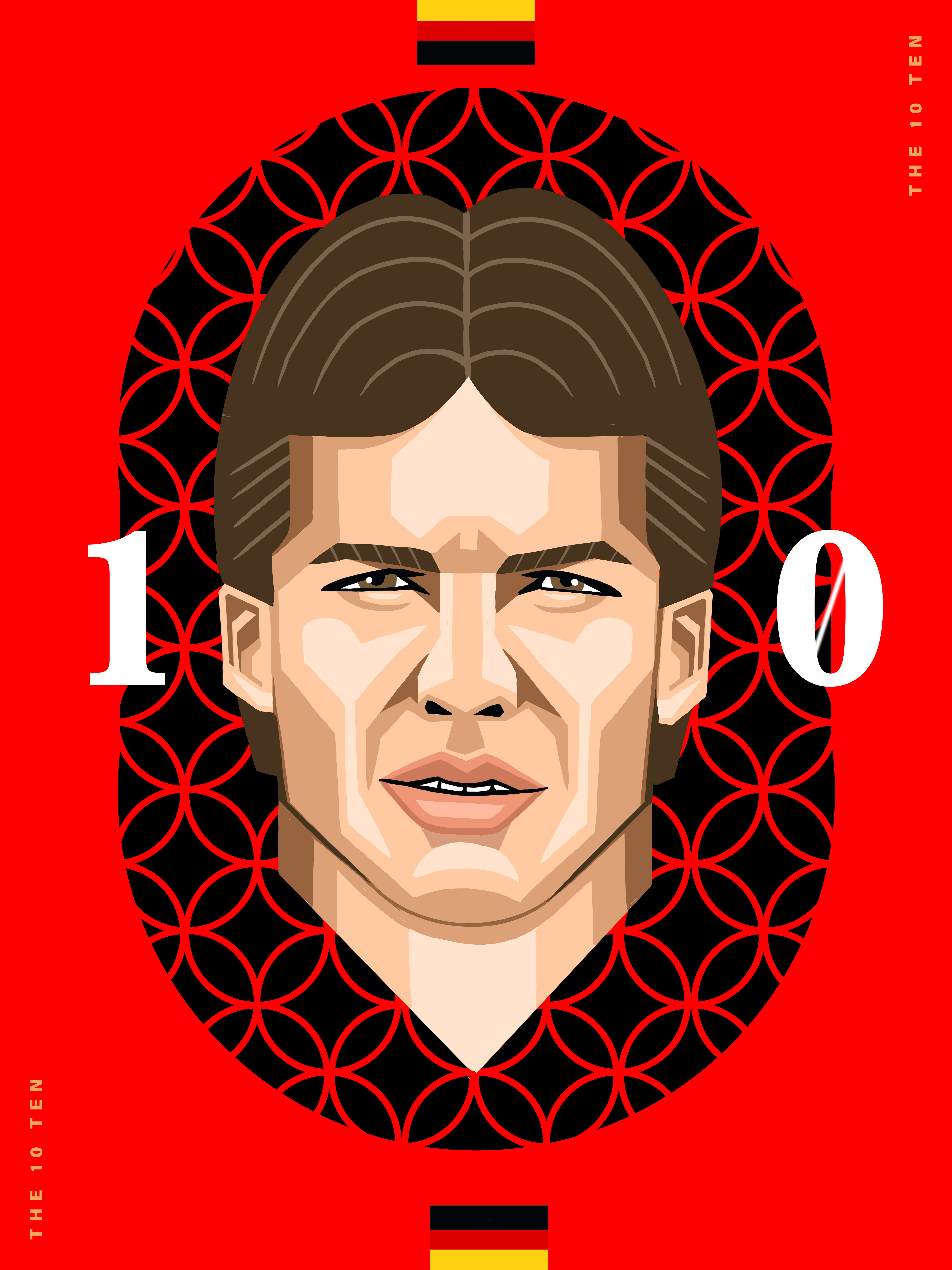Illustration of a stylized adult male face with short brown hair, against a red background with black circular patterns and the German flag.