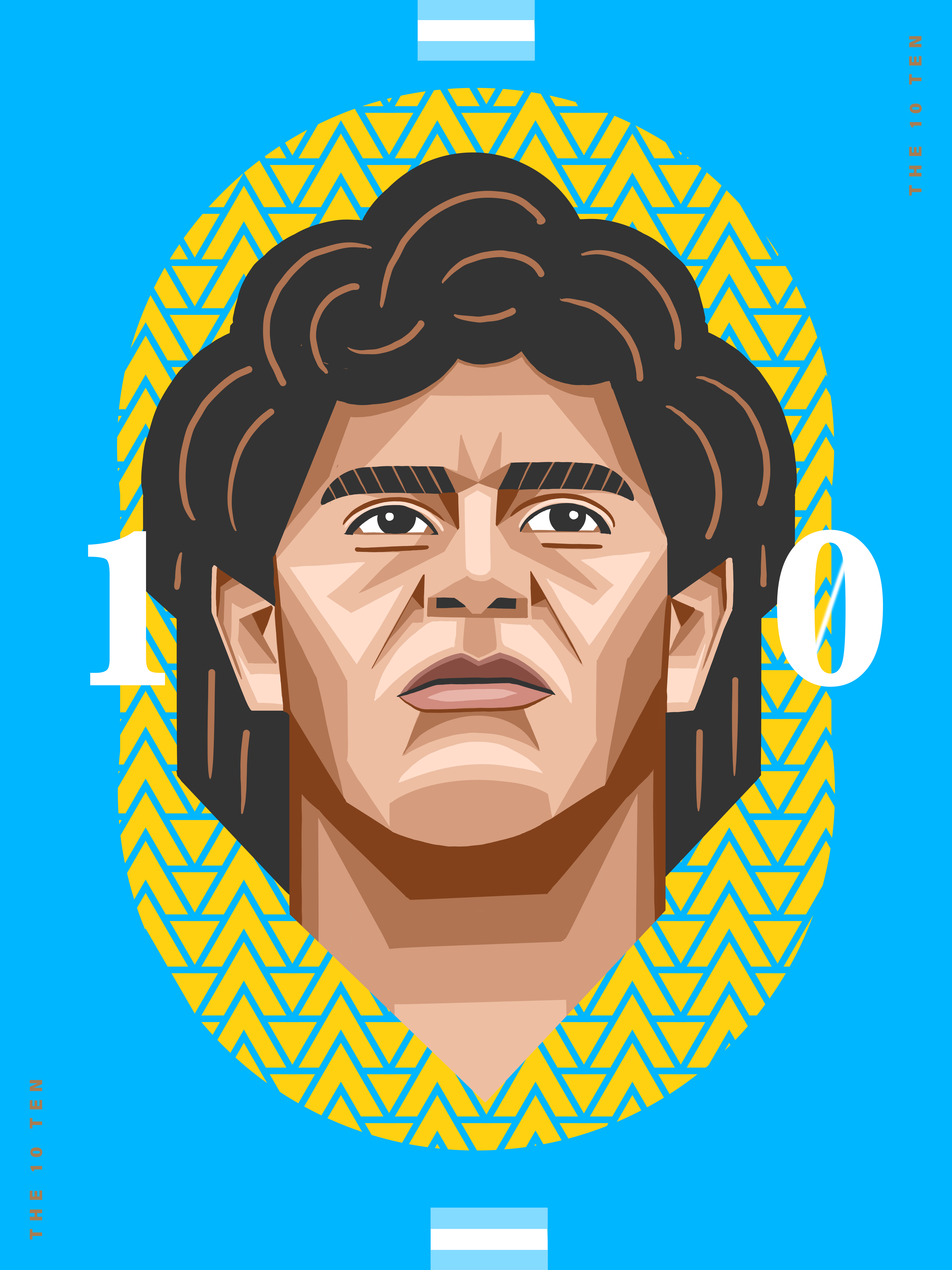 Illustrated close-up portrait of a man with dark hair, set against a blue background with graphic oval and number '10' design elements.