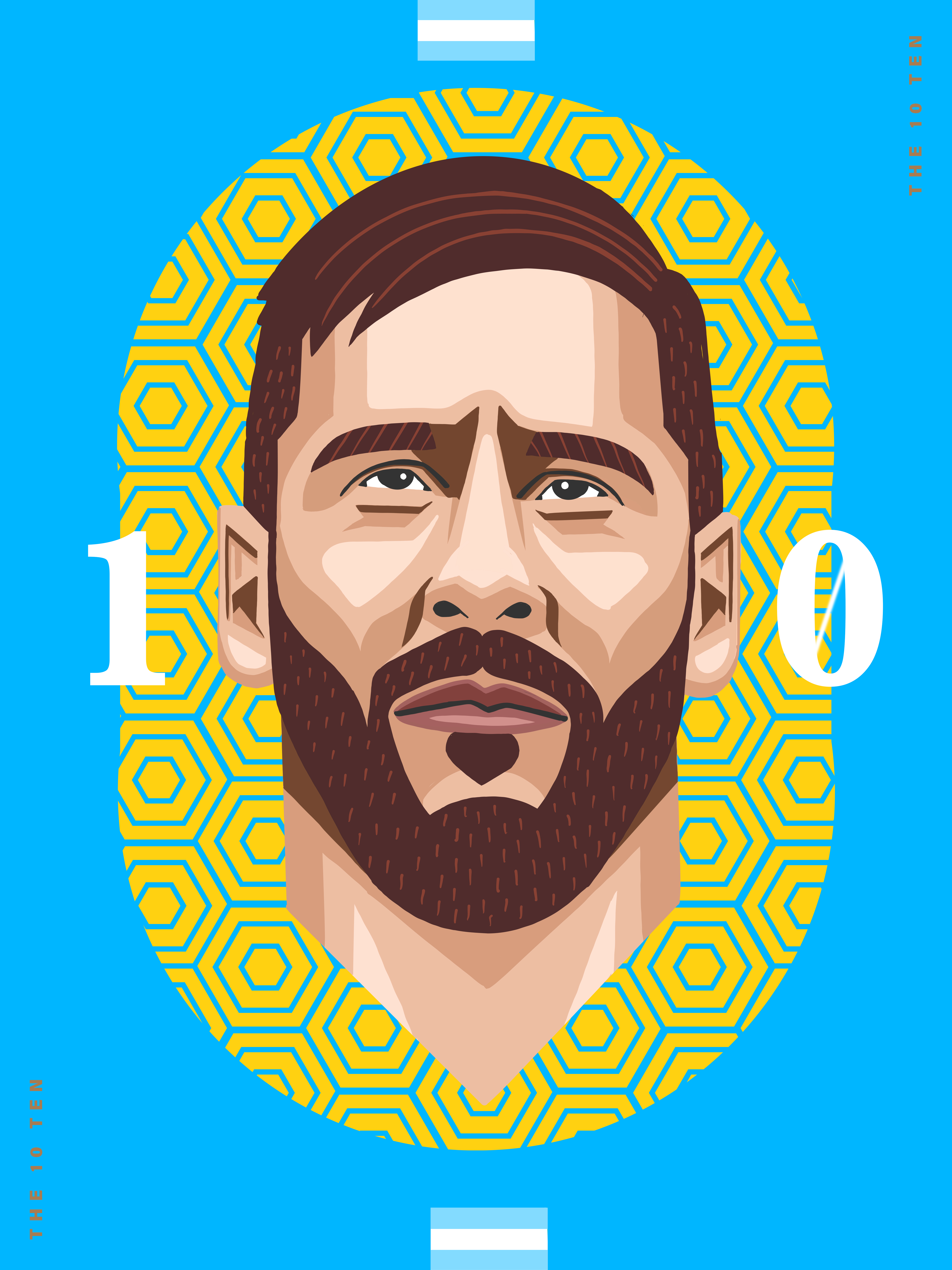Illustration of soccer player Lionel Messi's face on a blue and yellow background, with the Argentinian flag above.