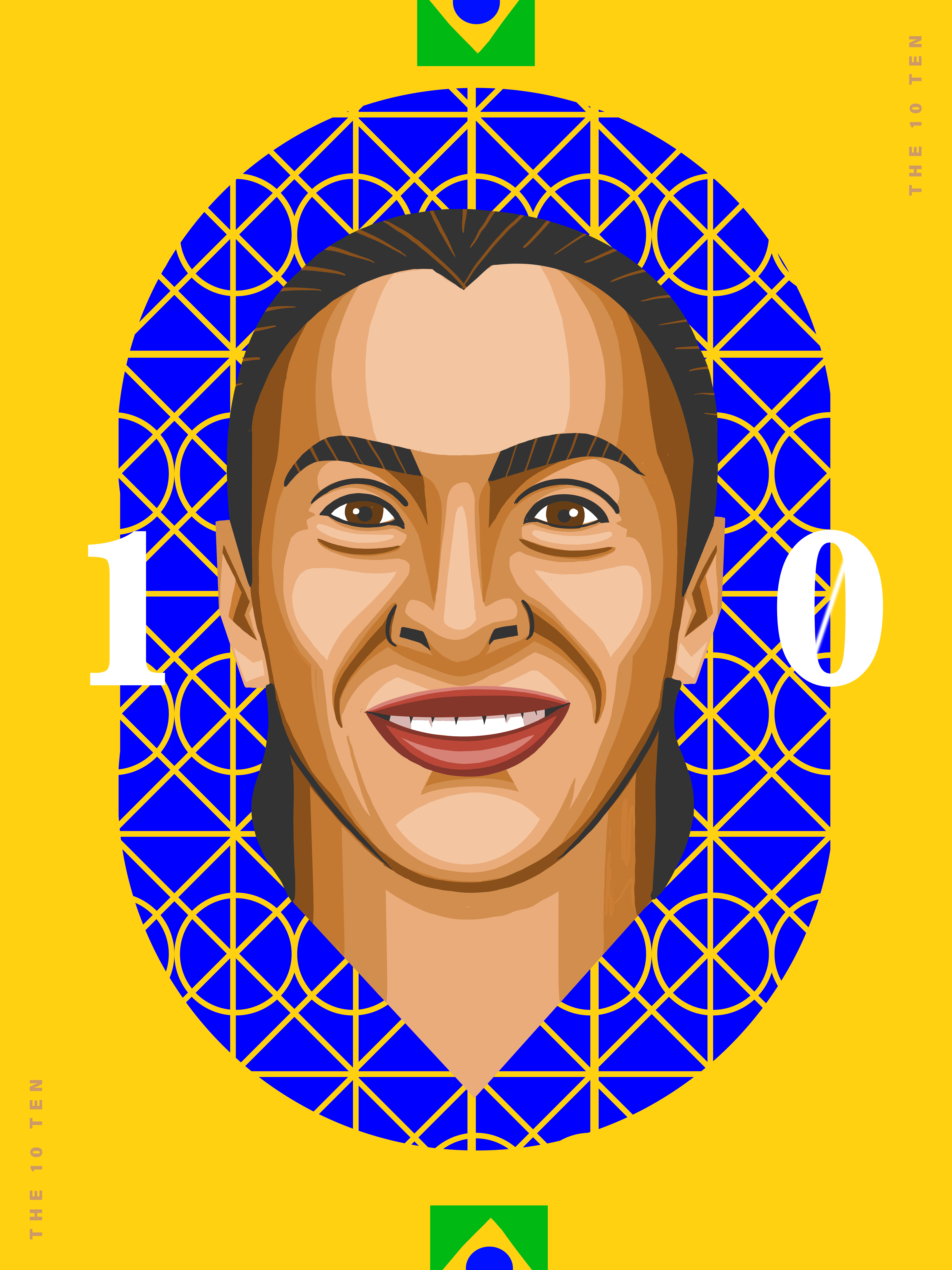 Illustration of soccer player with Brazilian flag colors and geometric patterns on bright yellow background. Sports and graphic design.