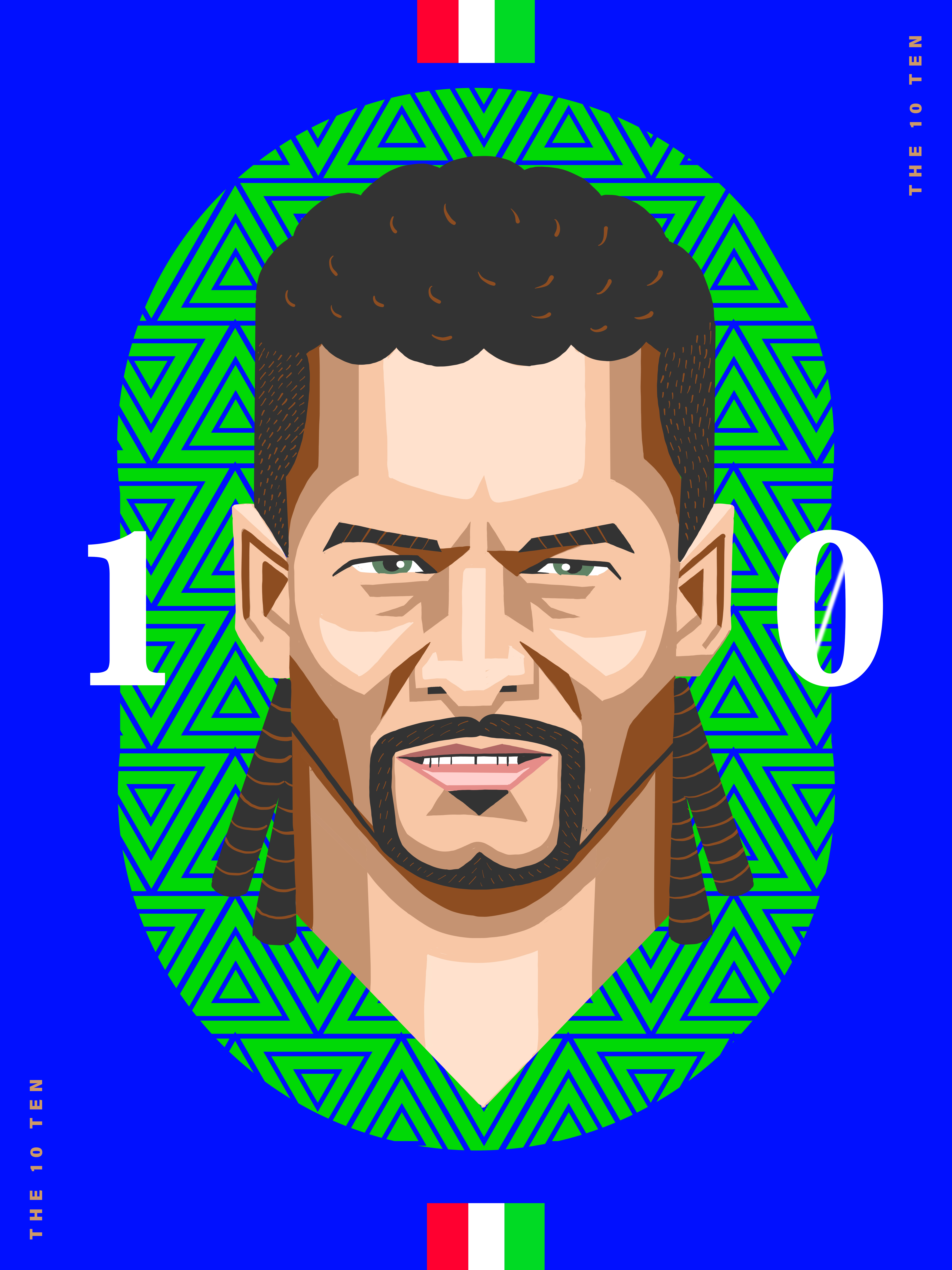 Illustrated portrait of a man with locs, set against a vibrant green and blue geometric patterned background, with graphic text overlay.