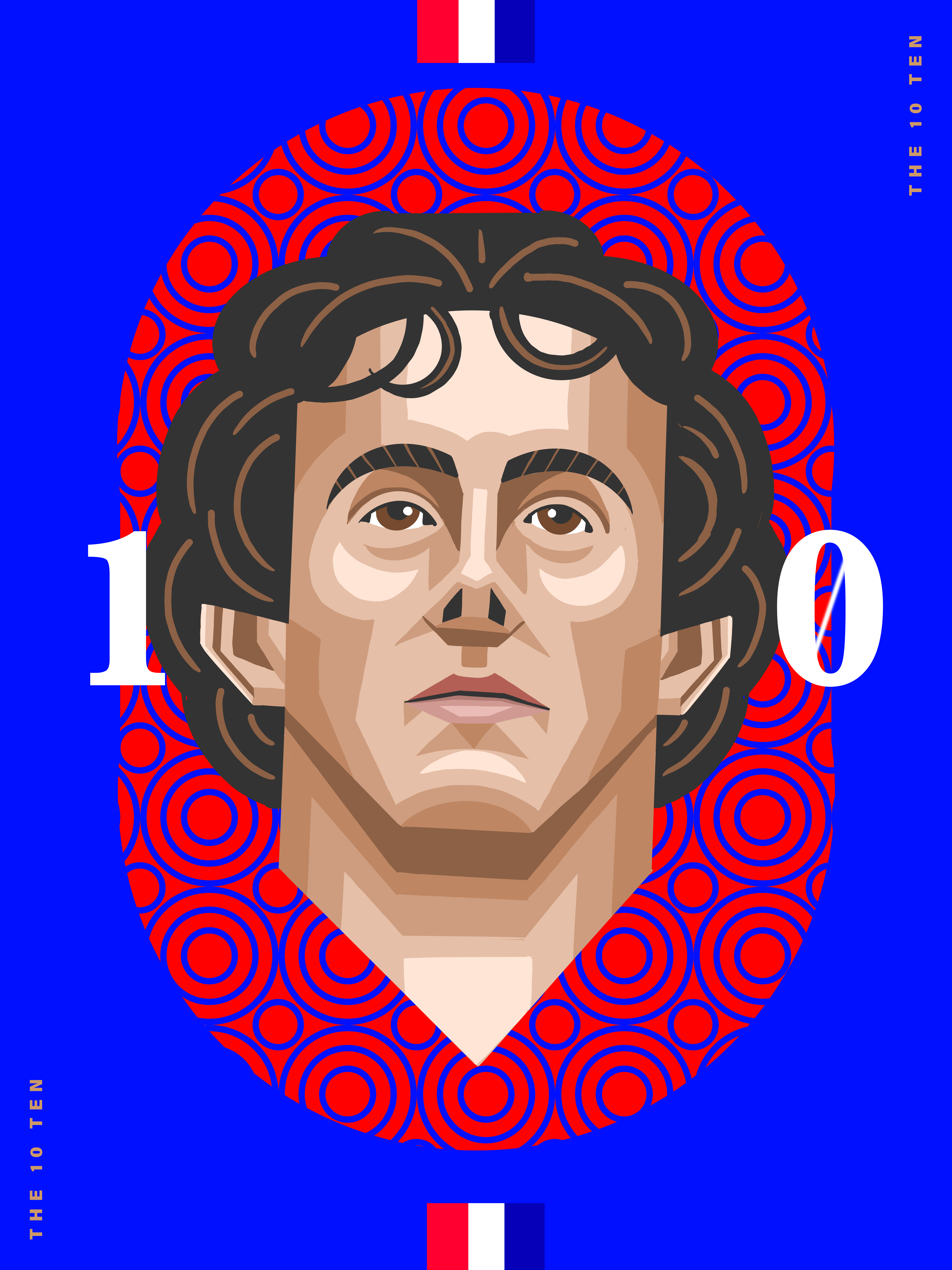 Illustrated portrait of an adult male with dark curly hair and geometric facial features, set against a blue background with patterned details.