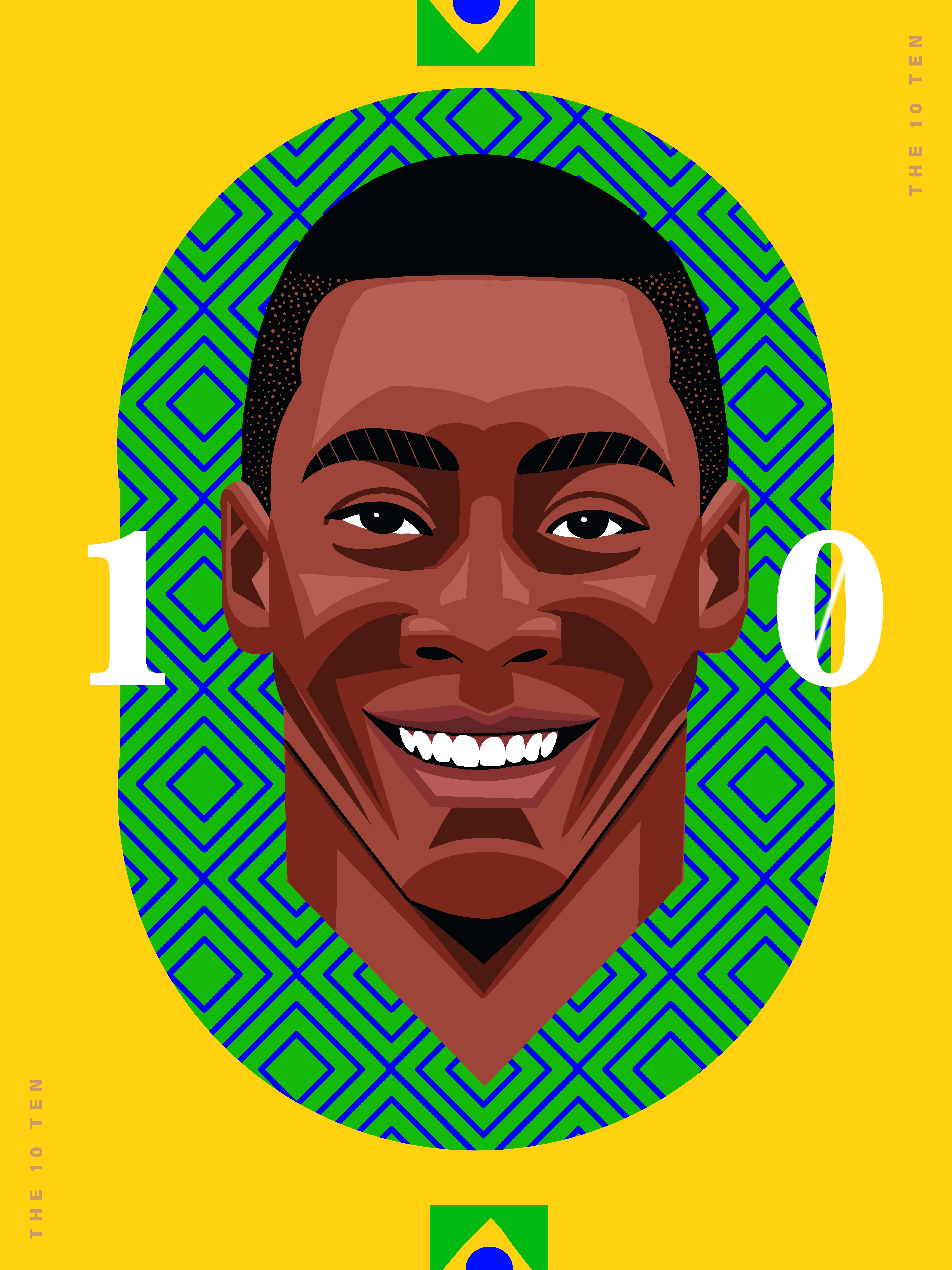 Digital illustration of a smiling dark-skinned man with a geometric patterned backdrop in yellow and green, numbers 1 and 0 on the sides.