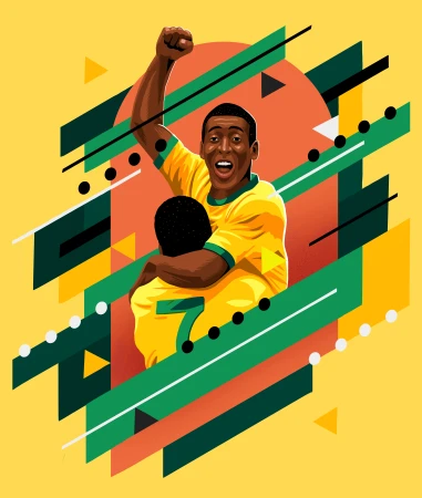 Illustration of two male soccer players in a celebratory embrace, set against a dynamic background of geometric shapes and vibrant colors.