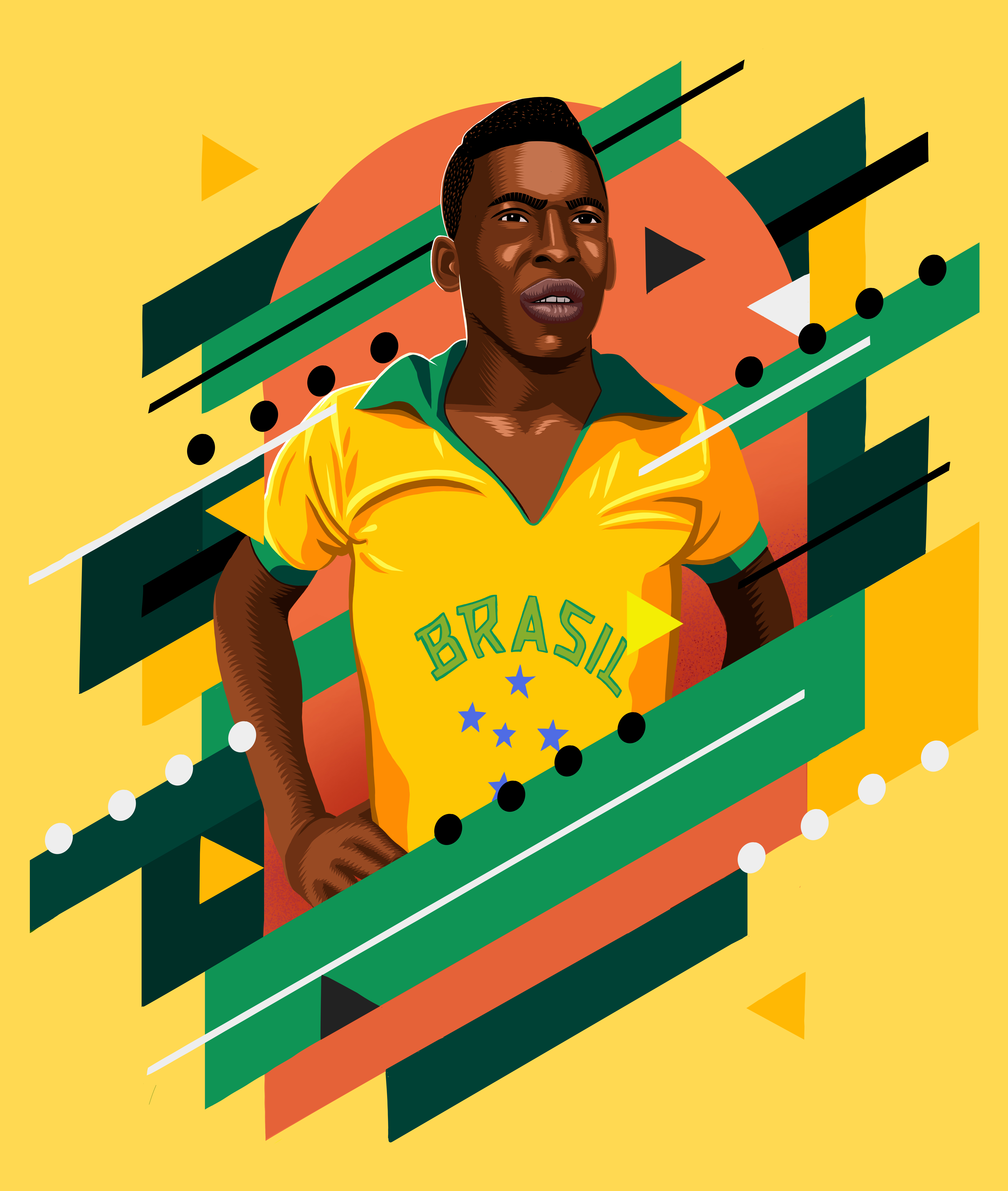 Illustration of Pelé, Brazilian soccer legend, wearing a yellow jersey with 'Brasil' and stars, against abstract geometric shapes.