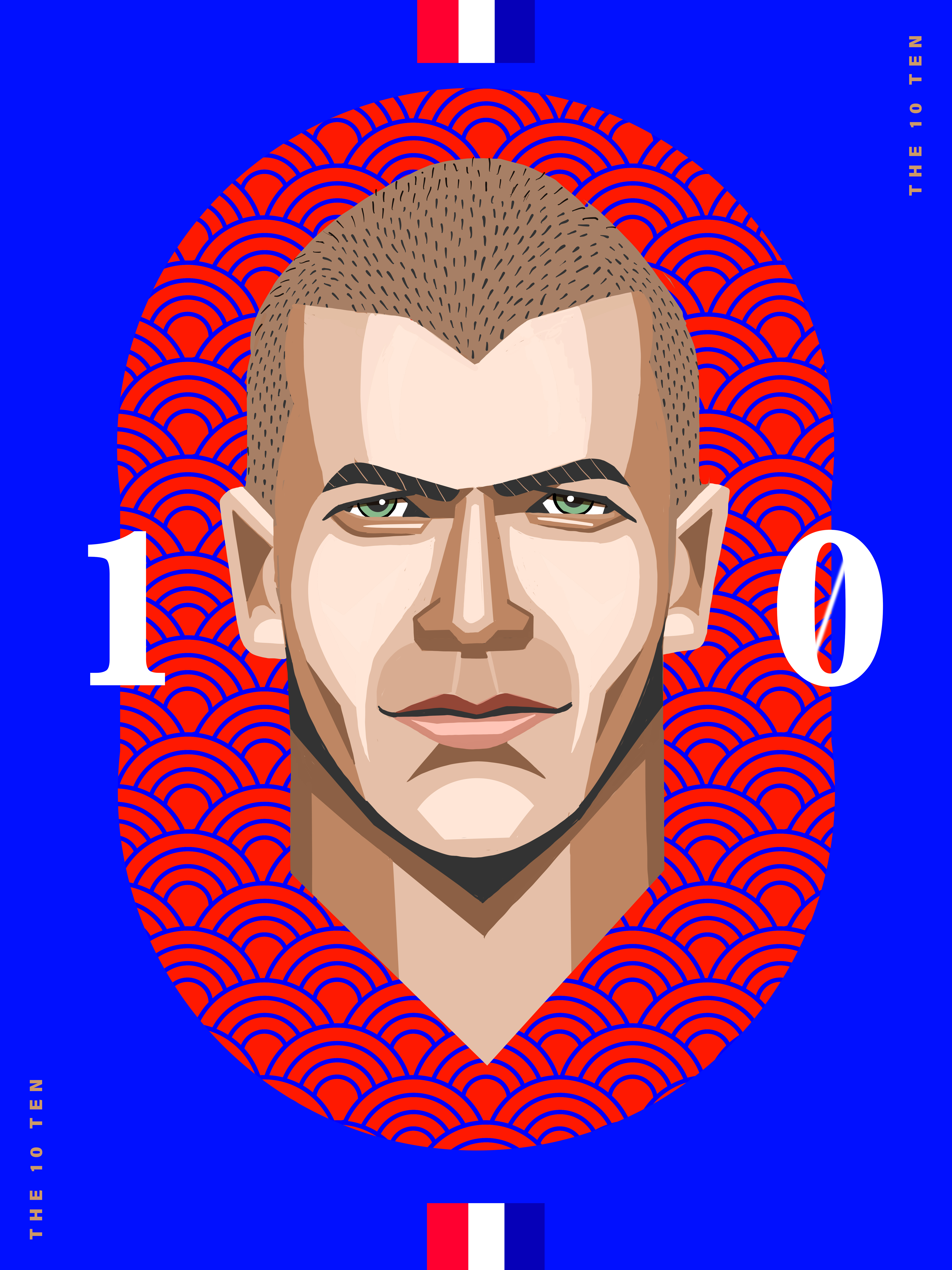 Digital illustration of a man's face in a geometric style on a blue background with red decorative elements and the number 10.