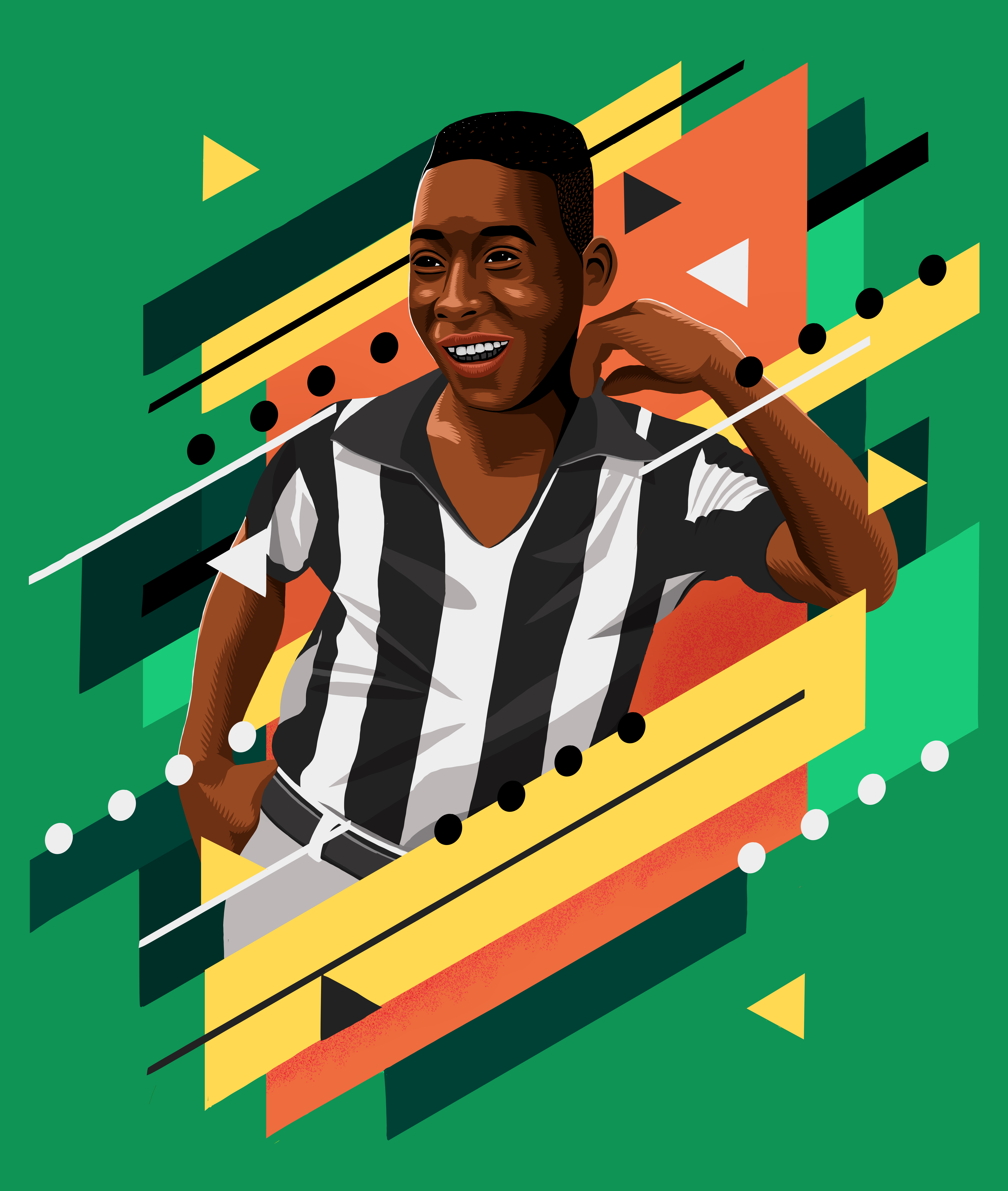 Illustration of soccer player in black and white striped shirt with graphic yellow, orange, and green shapes on a green background.