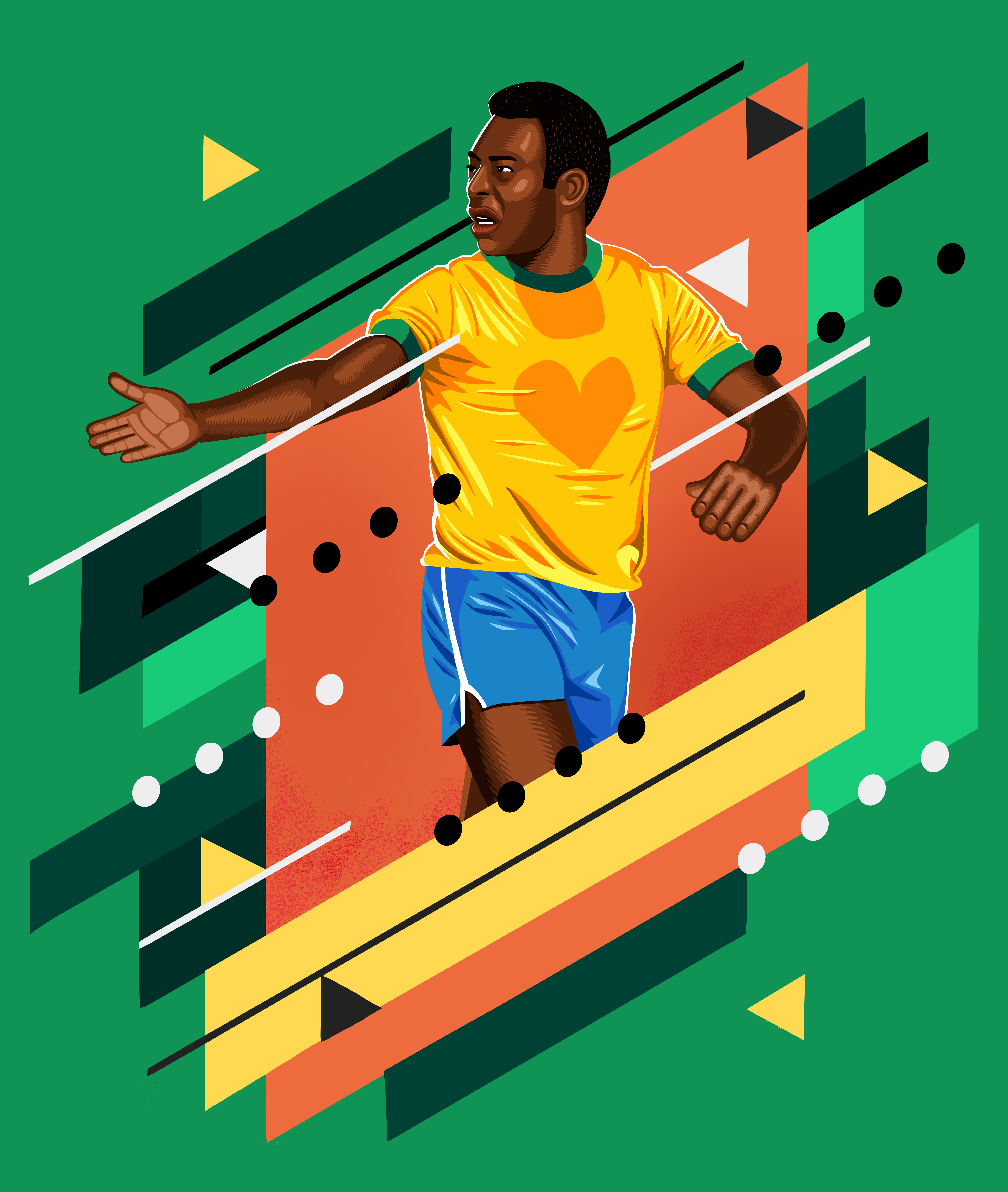 Illustration of soccer star Pelé in a yellow shirt with a heart, blue shorts, set against a green backdrop with abstract shapes.