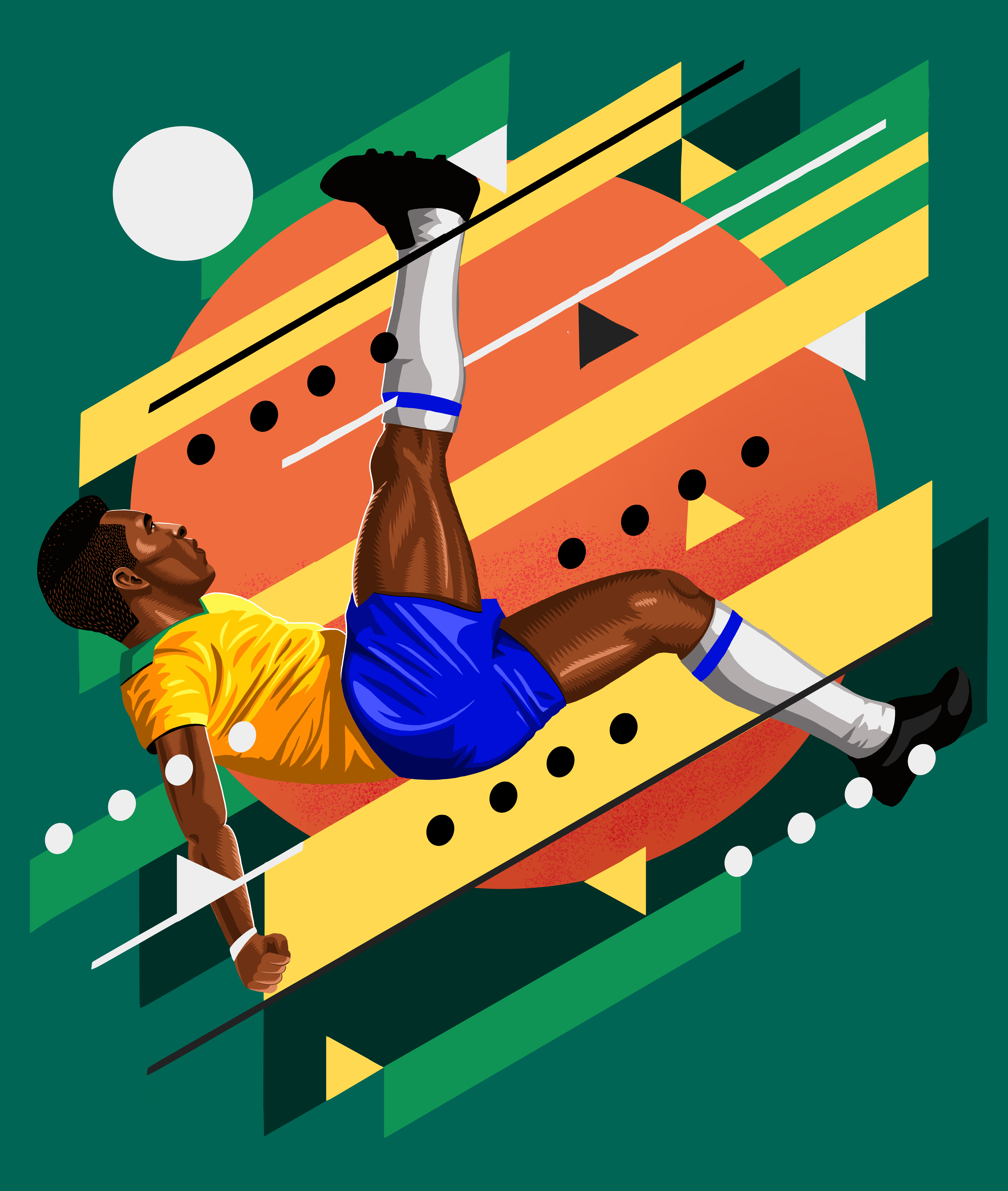Illustration of a soccer player in a yellow shirt and blue shorts kicking a ball in mid-air against a geometric background.