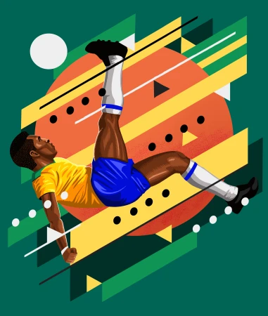 Illustration of a soccer player in a yellow shirt and blue shorts kicking a ball in mid-air against a geometric background.