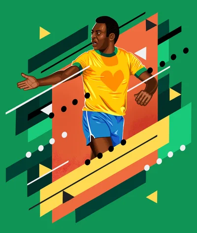 Vector illustration of soccer icon Pelé in a yellow jersey and blue shorts framed by green and orange geometric shapes.