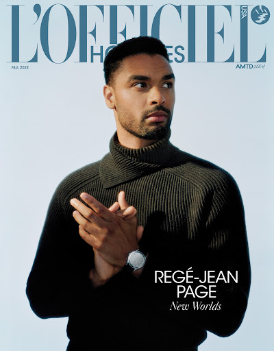 L'Officiel USA cover featuring Regé-Jean Page wearing a turtleneck sweater and a wristwatch against a neutral background, Fall 2022.