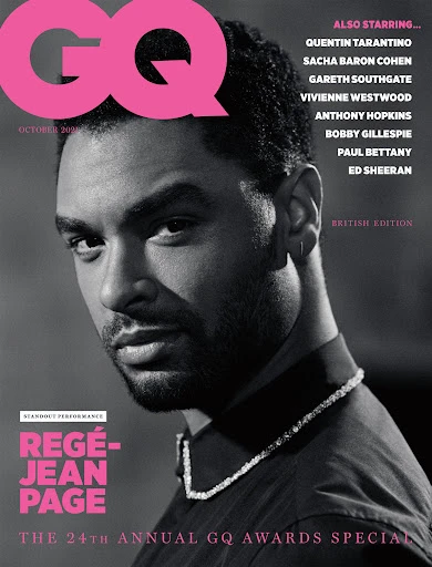 GQ magazine cover featuring Regé-Jean Page in black and white with pink GQ logo, for October 2020 issue with list of other celebrities.