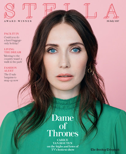Stella magazine cover featuring Carice van Houten. Close-up portrait of the actress with pink background and green top.