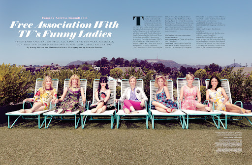 Seven actresses pose on lounge chairs outdoors with Hollywood Hills backdrop in magazine spread. Floral dresses, pink pants, and white blazers are visible.