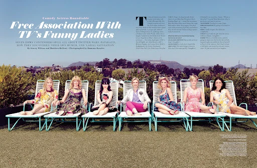 Seven actresses pose on lounge chairs outdoors with Hollywood Hills backdrop in magazine spread. Floral dresses, pink pants, and white blazers are visible.