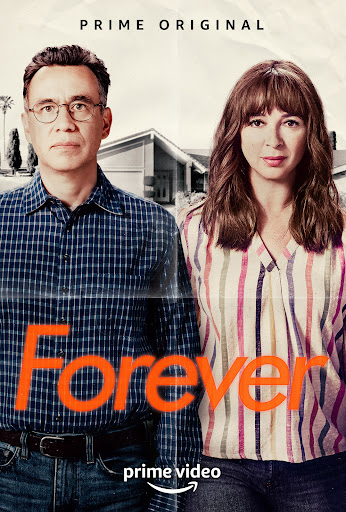 A man and a woman stand in front of a house in this poster for the Amazon Prime series Forever. The title is in orange font.
