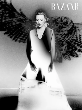 Monochrome portrait of Cate Blanchett with a large owl graphic projected behind her in a magazine editorial