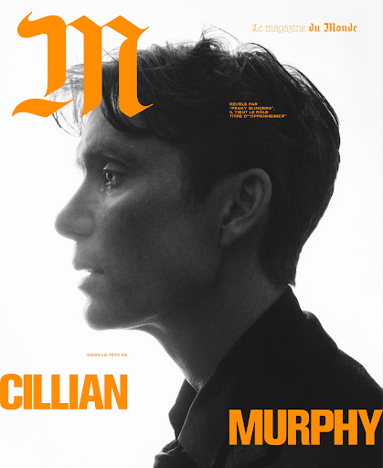 Cillian Murphy profile portrait on a magazine cover, black and white image with orange text accents, side view.