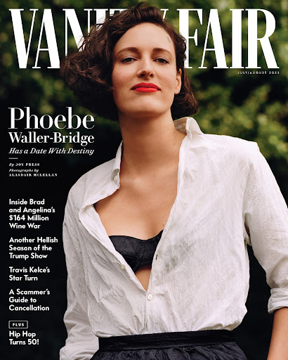 Vanity Fair magazine cover featuring Phoebe Waller-Bridge in an open white shirt, black top, and black skirt against a green backdrop.