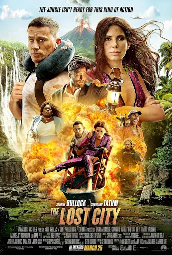 Movie poster for The Lost City featuring Sandra Bullock, Channing Tatum, and other actors, set against a jungle and explosion backdrop.