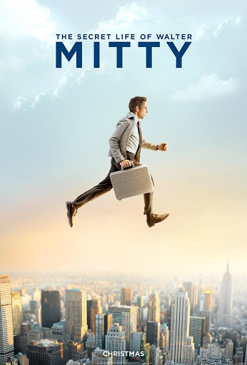 Promotional image for 'The Secret Life of Walter Mitty' movie poster featuring a man leaping over a cityscape with a briefcase.