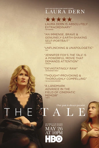 Movie poster for 'The Tale' featuring Laura Dern, with text excerpts praising her performance and the film's impact, set against a neutral background.