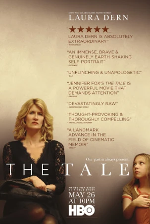 Movie poster for 'The Tale' featuring Laura Dern, with text excerpts praising her performance and the film's impact, set against a neutral background.