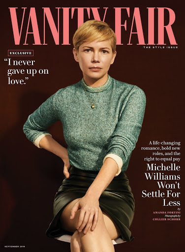 Magazine cover of Vanity Fair featuring Michelle Williams in a green sweater and black skirt, with headline text and Vanity Fair logo.