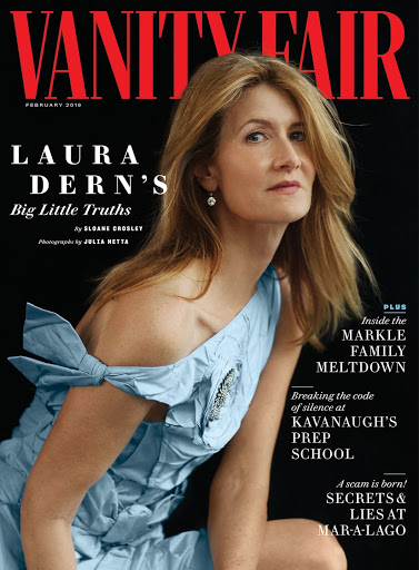 Magazine cover featuring Laura Dern in a light blue dress against a black background, with the Vanity Fair logo prominently displayed.