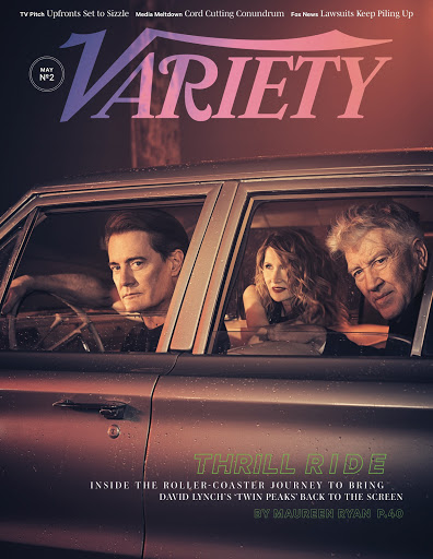 Magazine cover featuring Kyle MacLachlan, Laura Dern, and David Lynch in a car for Variety, promoting David Lynch's 'Twin Peaks' return.