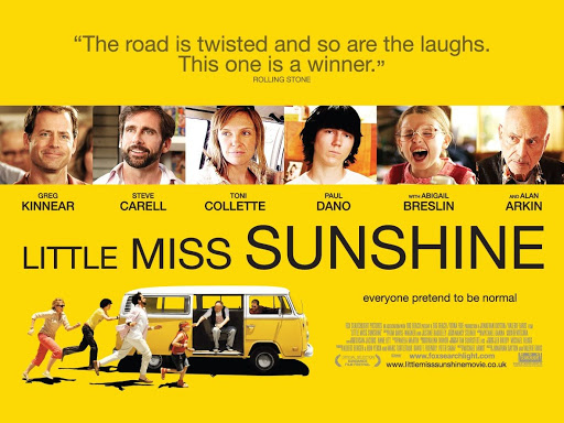 Movie poster for Little Miss Sunshine. Features actors Greg Kinnear, Steve Carell, Toni Collette, Paul Dano, Abigail Breslin, and Alan Arkin.