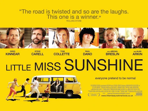 Movie poster for Little Miss Sunshine. Features actors Greg Kinnear, Steve Carell, Toni Collette, Paul Dano, Abigail Breslin, and Alan Arkin.