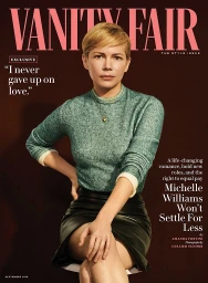 Michelle Williams wearing a green knit sweater and black skirt on a magazine cover with bold typography.