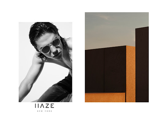 Black and white fashion shot of a male model wearing aviator sunglasses, contrasted with warm architectural shot of cuboid forms.