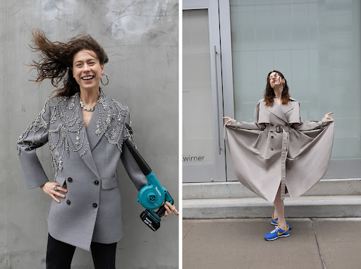 Two images: woman in grey blazer with hair blowing and holding a blower, woman in tan trench coat and blue sneakers with arms outstretched.