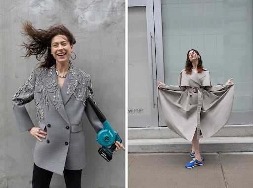 Two images: woman in grey blazer with hair blowing and holding a blower, woman in tan trench coat and blue sneakers with arms outstretched.