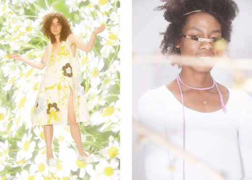 Collage with two models: woman in floral dress on a daisy field and non-binary person with stylish golden glasses, both in bright light.