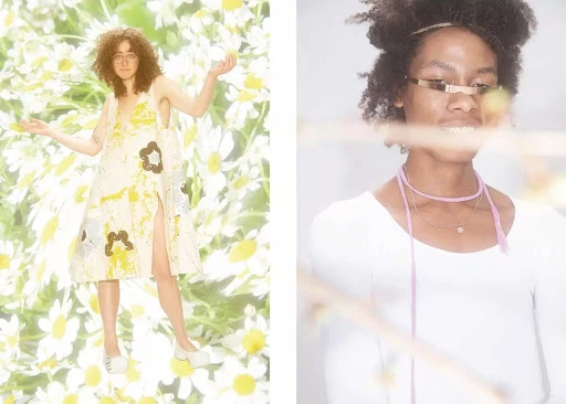 Collage with two models: woman in floral dress on a daisy field and non-binary person with stylish golden glasses, both in bright light.
