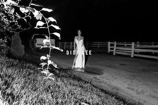 Woman in flowing white dress standing in rural, grassy environment at night, next to truck, lit by ambient light; dark and moody.