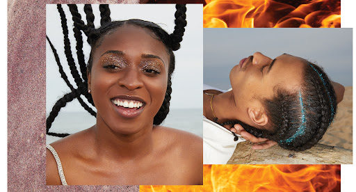 Young woman smiles with glittery eye makeup and unique braided hairstyle, photographed outdoors near the water on a cloudy day.