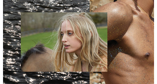 Abstract collage of a woman with blonde hair, horse, and muscular male torso with glitter, set against a background of water and sand.