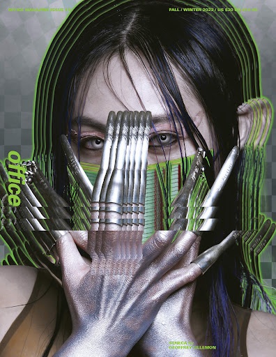 Artistic fashion magazine cover featuring a woman with metallic makeup and nail extensions, highlighted by green digital effects and design elements.