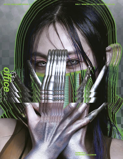 Artistic fashion magazine cover featuring a woman with metallic makeup and nail extensions, highlighted by green digital effects and design elements.