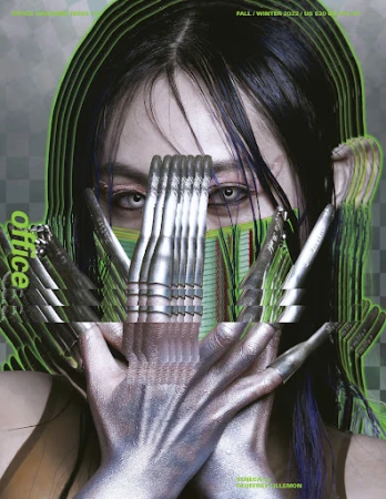 Artistic fashion magazine cover featuring a woman with metallic makeup and nail extensions, highlighted by green digital effects and design elements.
