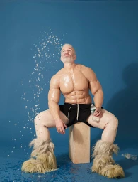 Muscular man sitting on wooden block spitting water wearing black shorts and furry boots against blue background