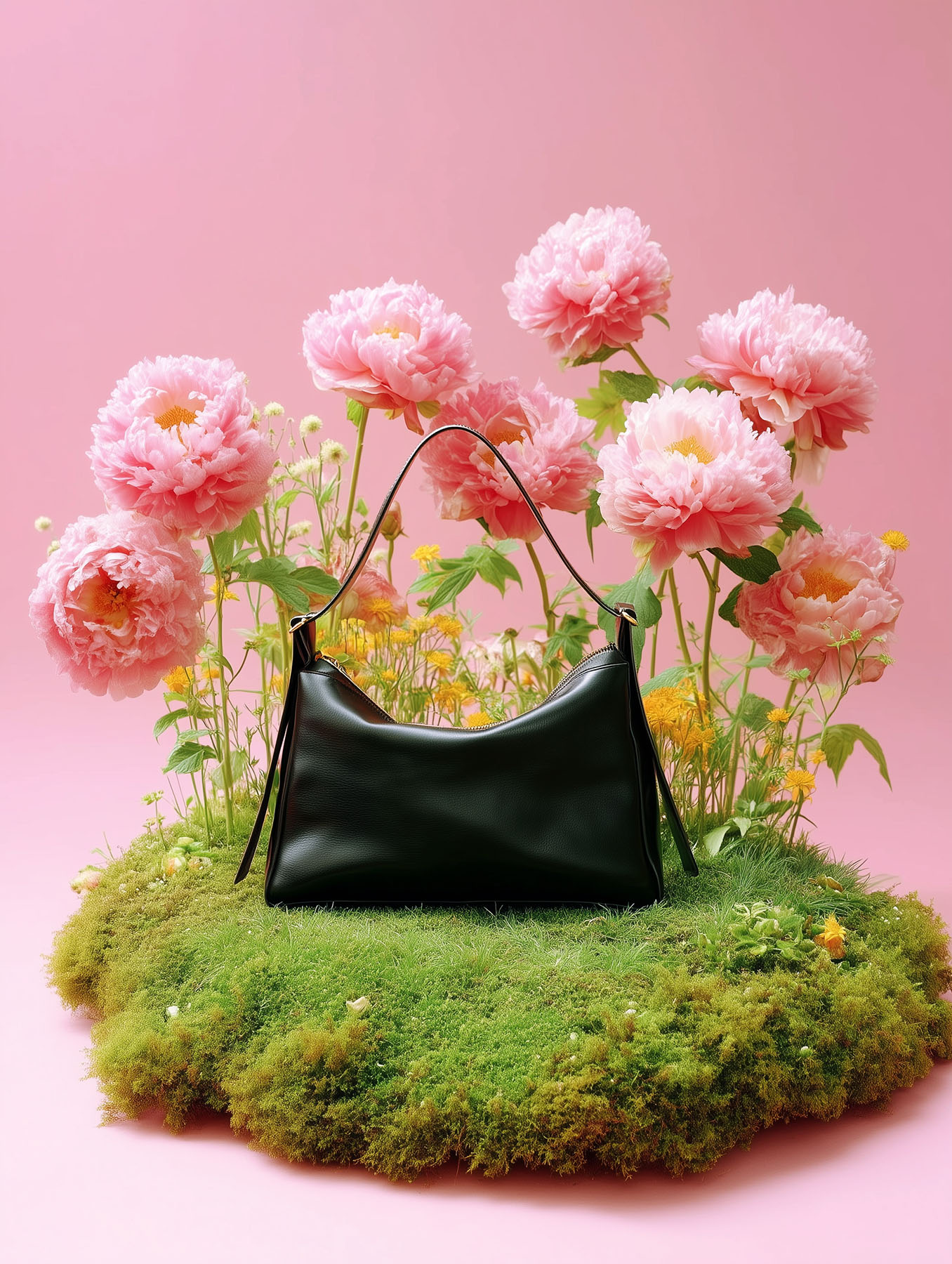 A black purse sits on green moss surrounded by pink peony flowers against a pink background in a fashion product studio shot.